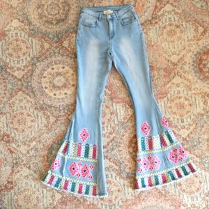 NWOT Three Bird Nest Embroidered Bell Bottoms